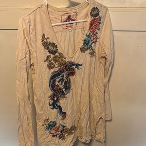 Johnny Was Cream dragon Long Sleeve Top